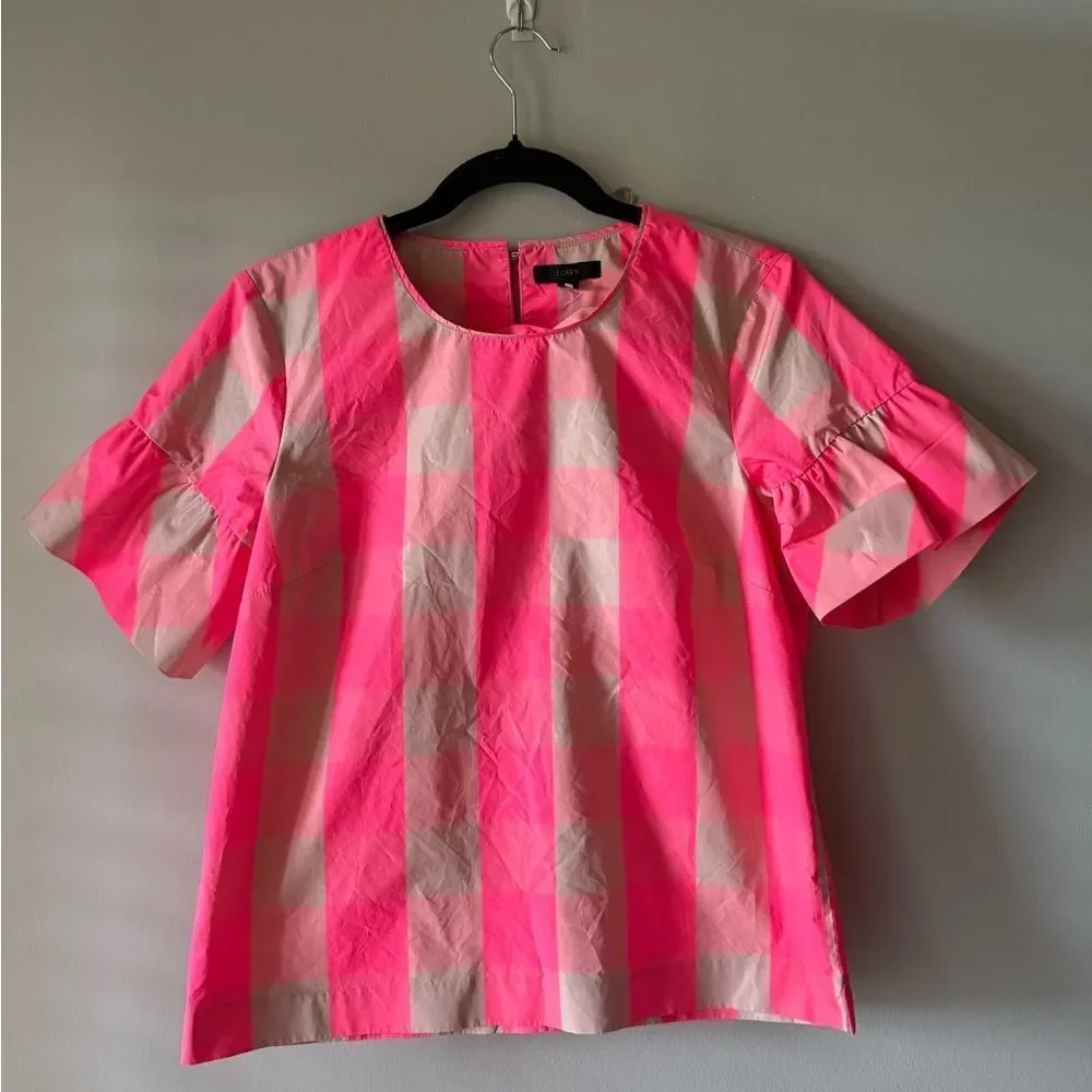 J. Crew Ruffle-Sleeve Neon Buffalo Check Top Size 0